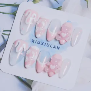 Pink Bear Aurora Sweet Cute Handmade Press on Nails Almond, Cartoon Glossy Sheer 3D Nude False Nails, Soft Gel 10 pcs (Pink S, S)
