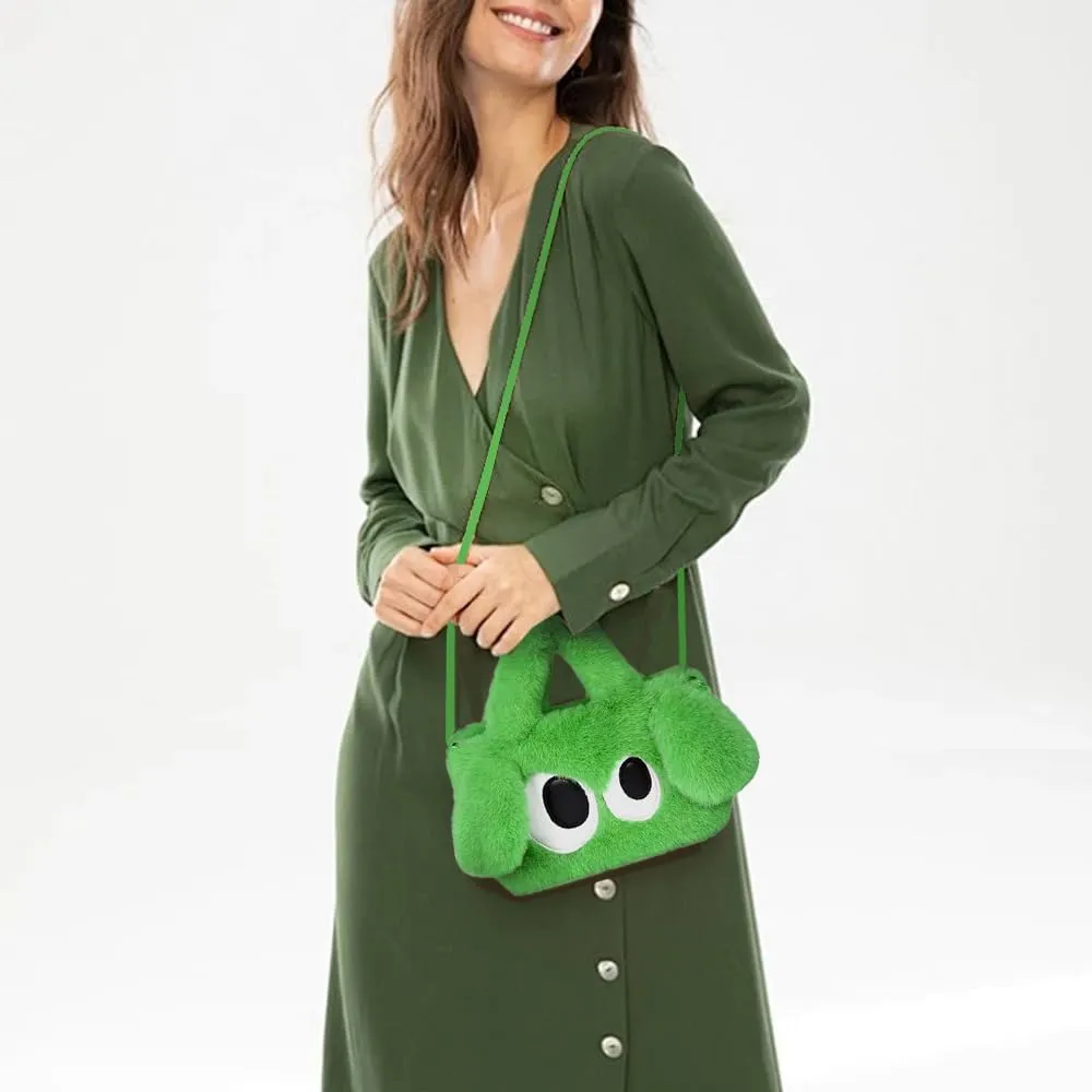Plush Cartoon Eyes Handbag, Fluffy Furry Purse, 6 Colors Available - Pink, Brown, Camel, White, Green, Blush