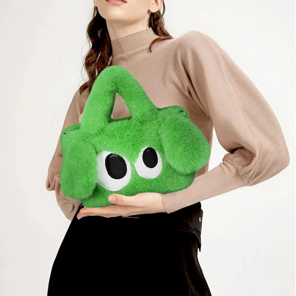 Plush Cartoon Eyes Handbag, Fluffy Furry Purse, 6 Colors Available - Pink, Brown, Camel, White, Green, Blush