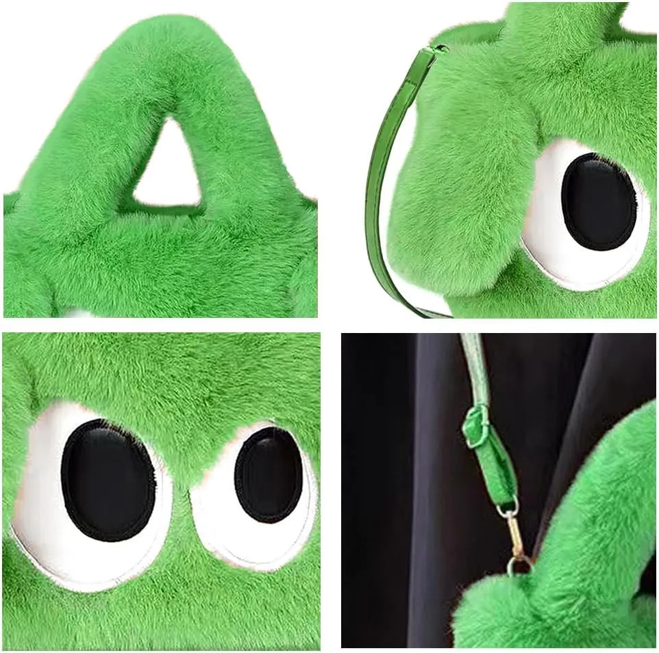 Plush Cartoon Eyes Handbag, Fluffy Furry Purse, 6 Colors Available - Pink, Brown, Camel, White, Green, Blush