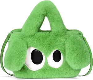 Plush Cartoon Eyes Handbag, Fluffy Furry Purse, 6 Colors Available - Pink, Brown, Camel, White, Green, Blush