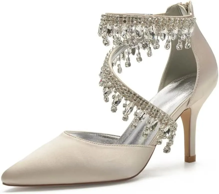 Pointed Toe Wedding Heels for Women Rhinestone Bridal Shoes Evening Dress Pumps High Heels