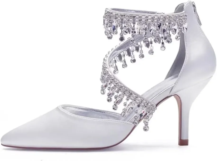 Pointed Toe Wedding Heels for Women Rhinestone Bridal Shoes Evening Dress Pumps High Heels