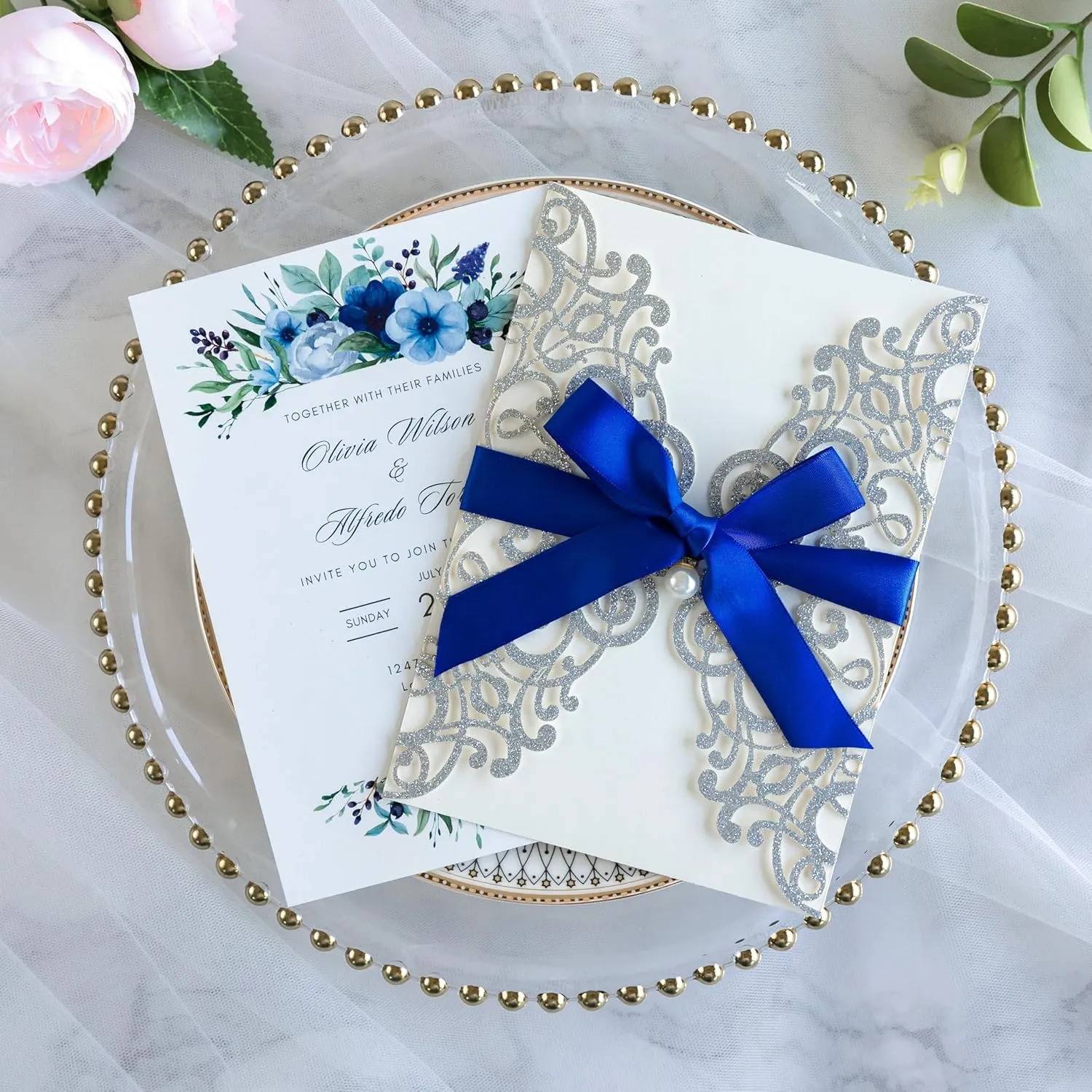 PONATIA 20 PCS 5 x 7'' Silver Giltter Laser Cut Wedding Invitations with Envelopes for Wedding Party Bridal Shower Engagement Birthday Sweet 16 Invite - Silver Glitter with Royal Blue Ribbons