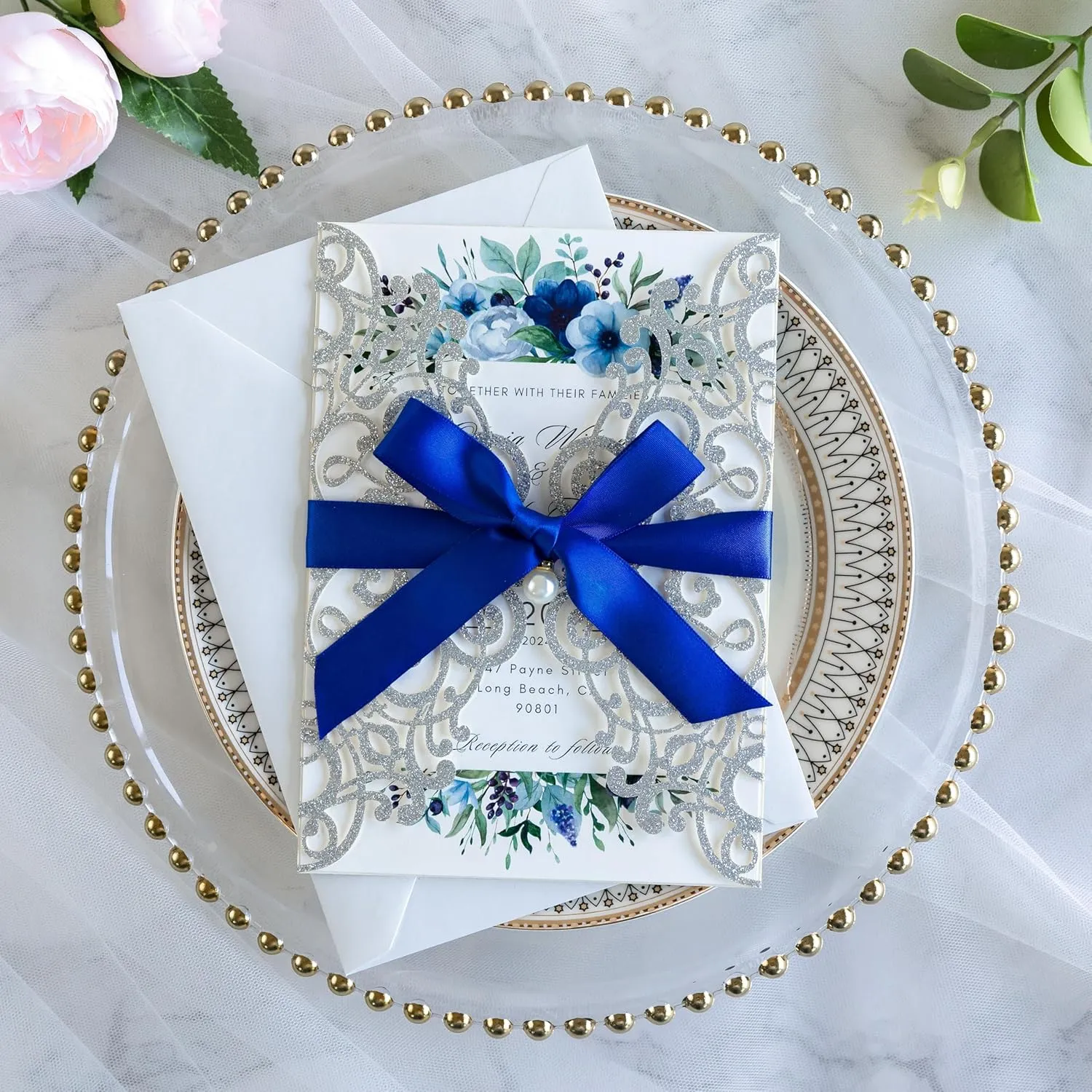 PONATIA 20 PCS 5 x 7'' Silver Giltter Laser Cut Wedding Invitations with Envelopes for Wedding Party Bridal Shower Engagement Birthday Sweet 16 Invite - Silver Glitter with Royal Blue Ribbons
