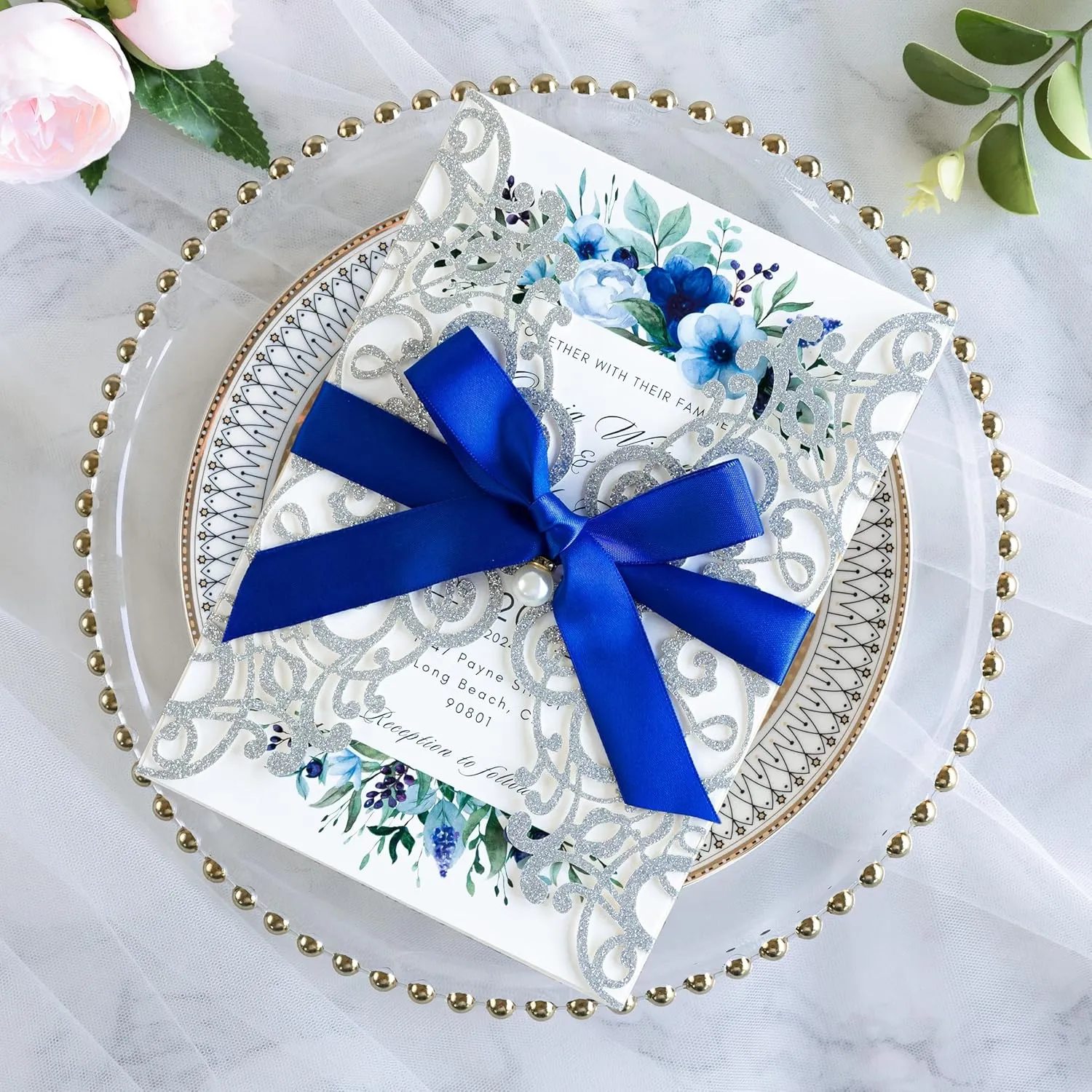 PONATIA 20 PCS 5 x 7'' Silver Giltter Laser Cut Wedding Invitations with Envelopes for Wedding Party Bridal Shower Engagement Birthday Sweet 16 Invite - Silver Glitter with Royal Blue Ribbons