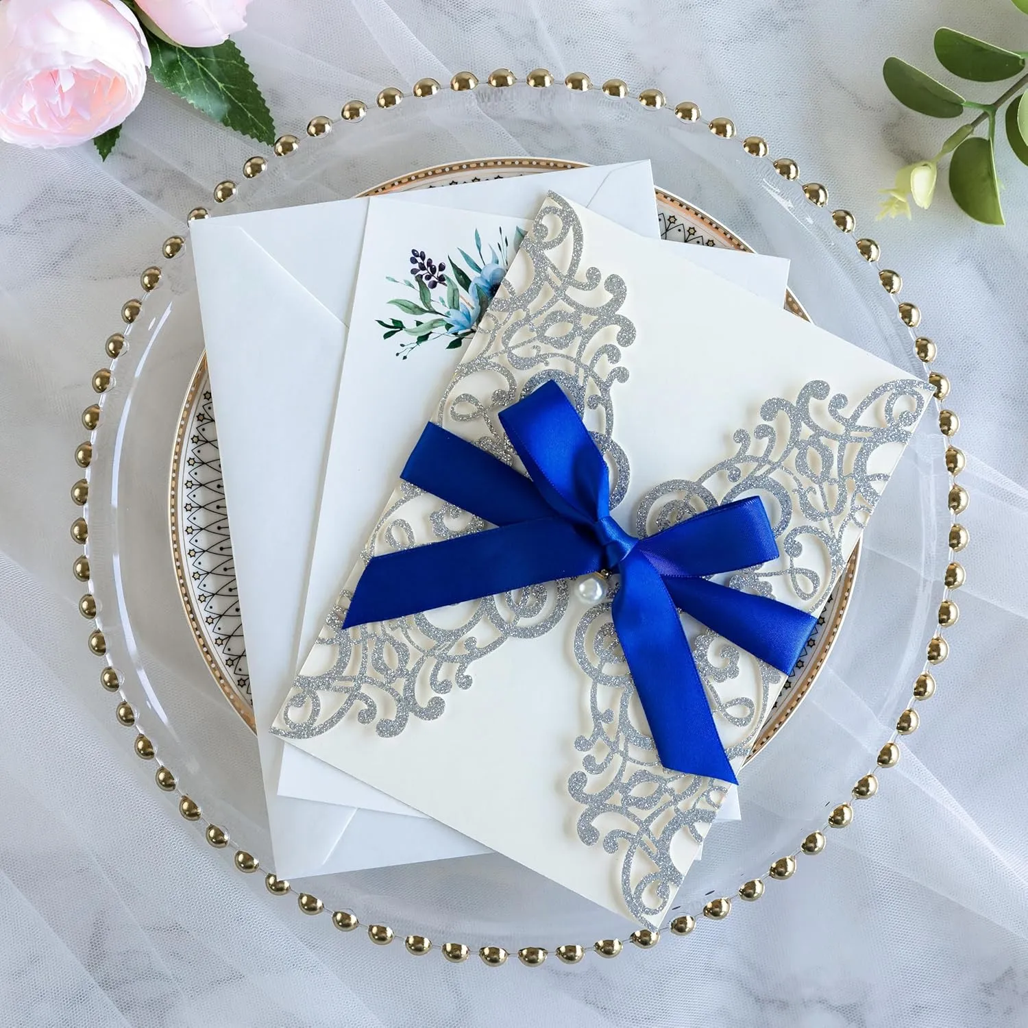 PONATIA 20 PCS 5 x 7'' Silver Giltter Laser Cut Wedding Invitations with Envelopes for Wedding Party Bridal Shower Engagement Birthday Sweet 16 Invite - Silver Glitter with Royal Blue Ribbons