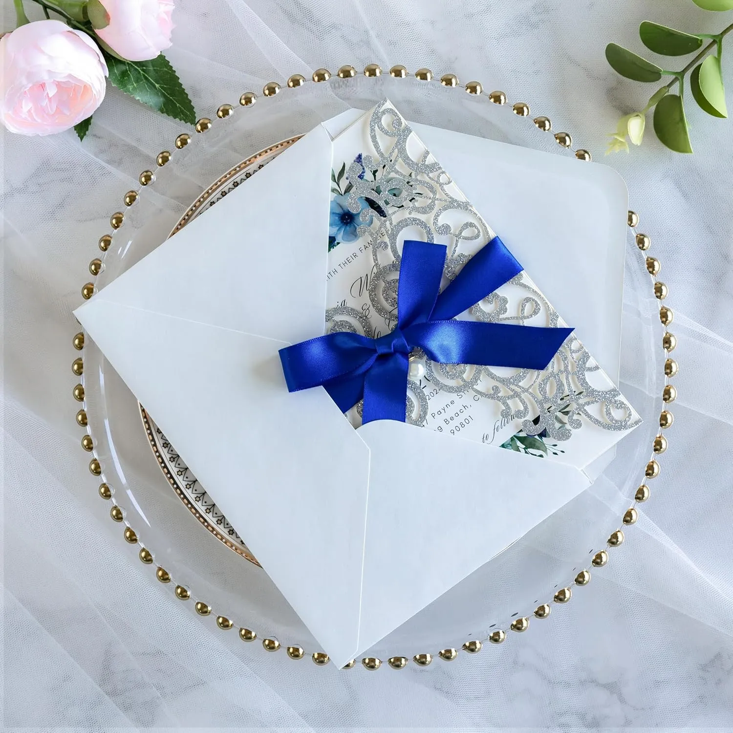 PONATIA 20 PCS 5 x 7'' Silver Giltter Laser Cut Wedding Invitations with Envelopes for Wedding Party Bridal Shower Engagement Birthday Sweet 16 Invite - Silver Glitter with Royal Blue Ribbons