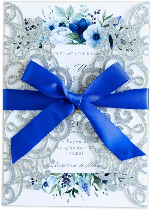 PONATIA 20 PCS 5 x 7'' Silver Giltter Laser Cut Wedding Invitations with Envelopes for Wedding Party Bridal Shower Engagement Birthday Sweet 16 Invite - Silver Glitter with Royal Blue Ribbons