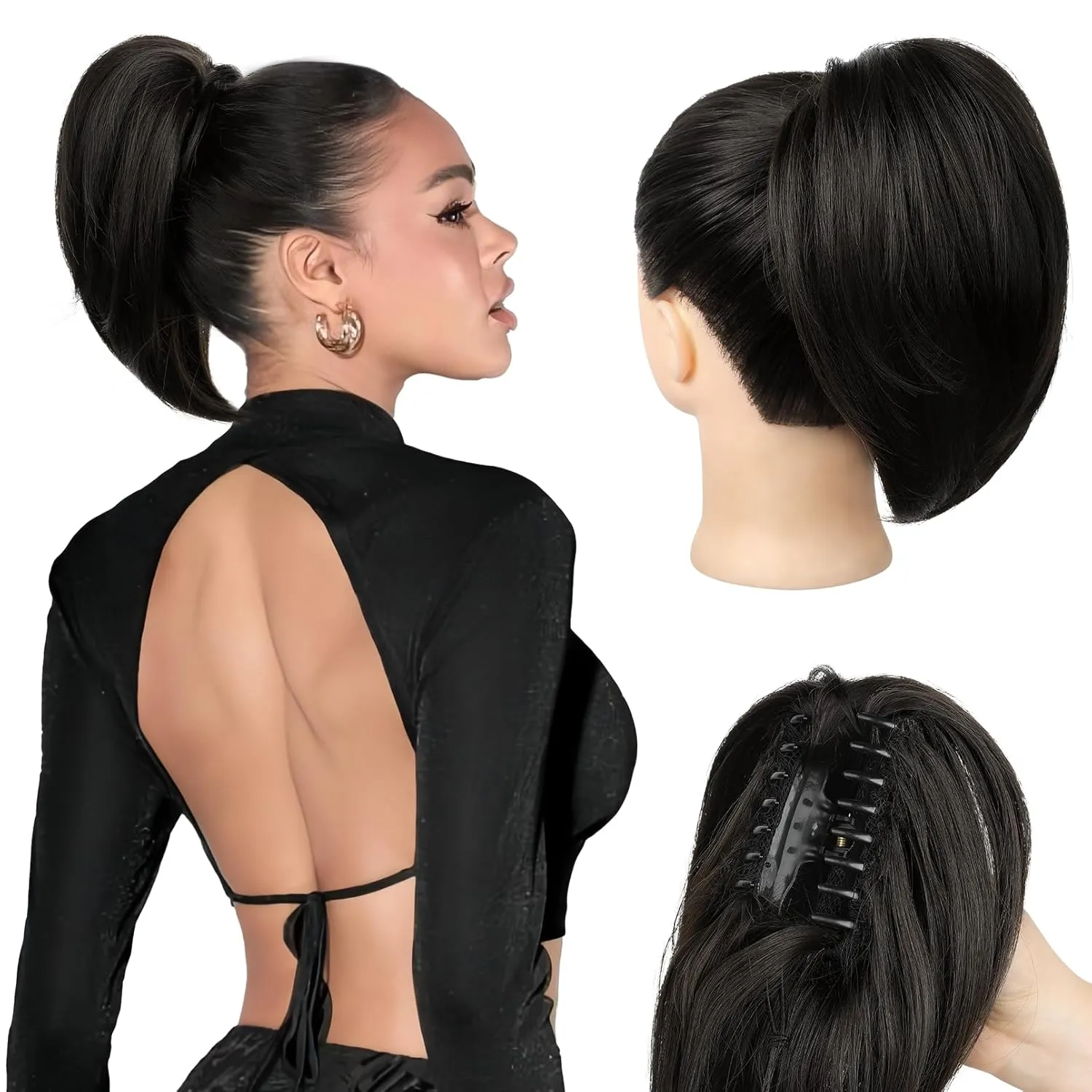 Ponytail Extension, 10" Short Claw Clip in Ponytail Hair Extensions Messy Bun Hair Piece Natural Soft Synthetic Straight Pony Tail Hair Pieces for Women - Black Brown