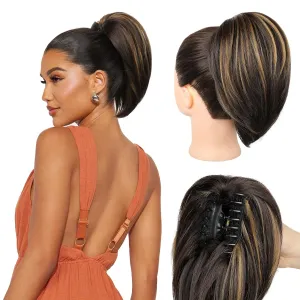 Ponytail Extension, 10" Short Claw Clip in Ponytail Hair Extensions Messy Bun Hair Piece Natural Soft Synthetic Straight Pony Tail Hair Pieces for Women - Dark Brown with Highlights
