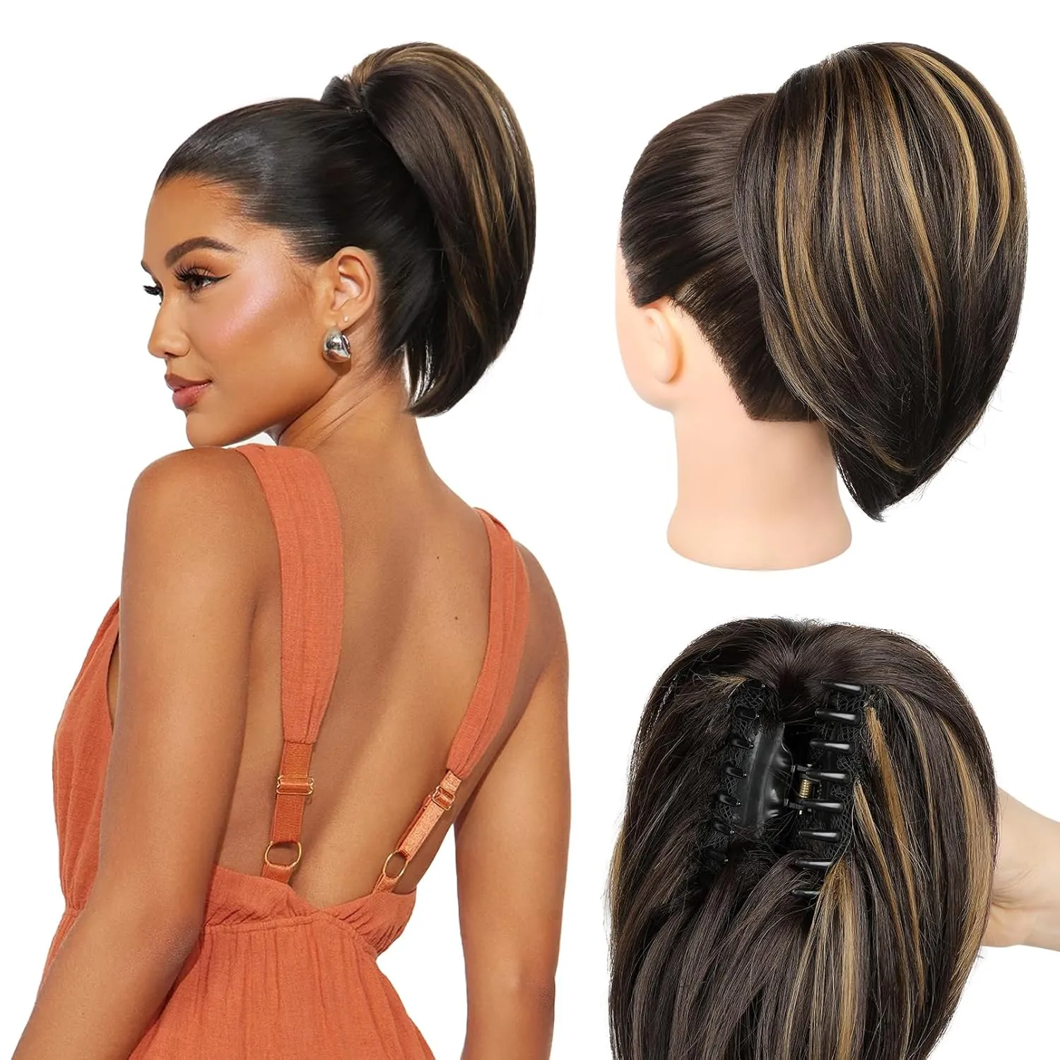 Ponytail Extension, 10" Short Claw Clip in Ponytail Hair Extensions Messy Bun Hair Piece Natural Soft Synthetic Straight Pony Tail Hair Pieces for Women - Dark Brown with Highlights