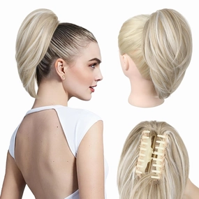 Ponytail Extension, 10" Short Claw Clip in Ponytail Hair Extensions Messy Bun Hair Piece Natural Soft Synthetic Straight Pony Tail Hair Pieces for Women - Ash Blonde with Highlights