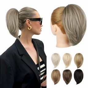 Ponytail Extension, 10" Short Claw Clip in Ponytail Hair Extensions Messy Bun Hair Piece Natural Soft Synthetic Straight Pony Tail Hair Pieces for Women - Ash Brown with Highlights