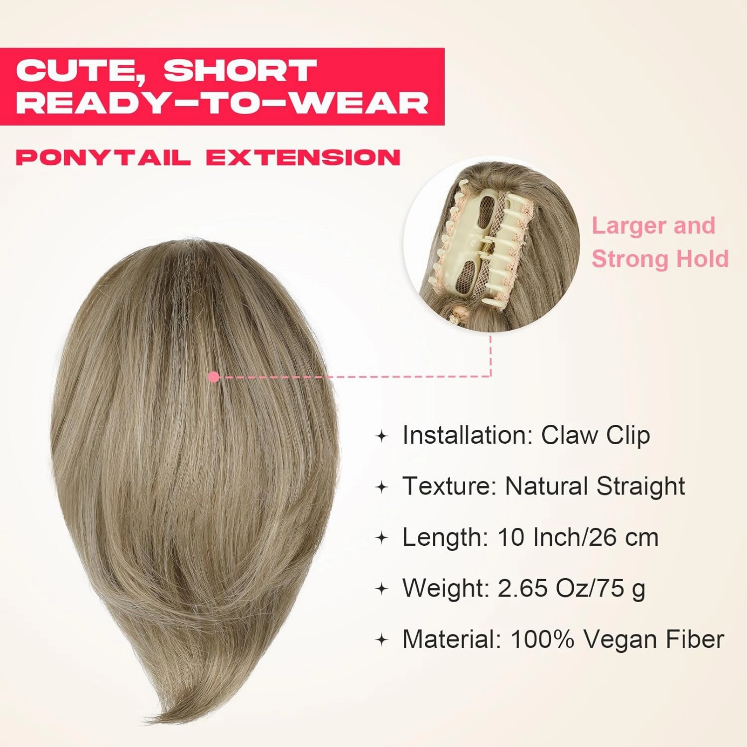 Ponytail Extension, 10" Short Claw Clip in Ponytail Hair Extensions Messy Bun Hair Piece Natural Soft Synthetic Straight Pony Tail Hair Pieces for Women - Ash Brown with Highlights