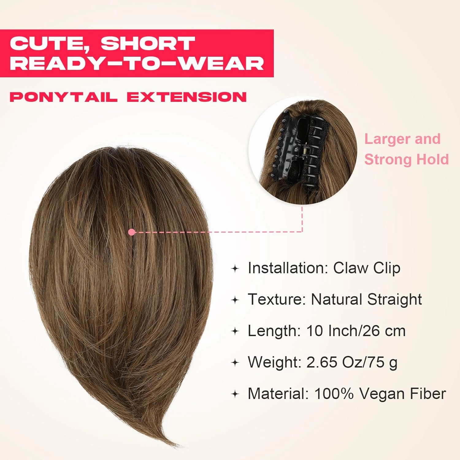 Ponytail Extension, 10" Short Claw Clip in Ponytail Hair Extensions Messy Bun Hair Piece Natural Soft Synthetic Straight Pony Tail Hair Pieces for Women - Ash Brown
