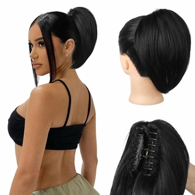 Ponytail Extension, 10" Short Claw Clip in Ponytail Hair Extensions Messy Bun Hair Piece Natural Soft Synthetic Straight Pony Tail Hair Pieces for Women - Black