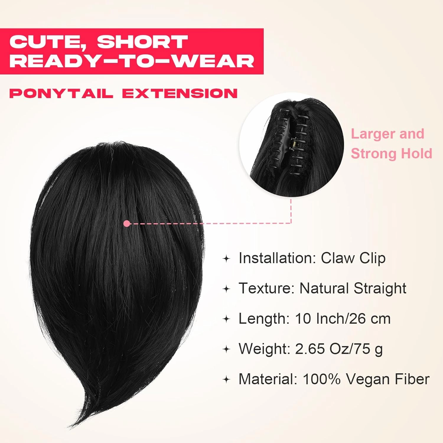 Ponytail Extension, 10" Short Claw Clip in Ponytail Hair Extensions Messy Bun Hair Piece Natural Soft Synthetic Straight Pony Tail Hair Pieces for Women - Black