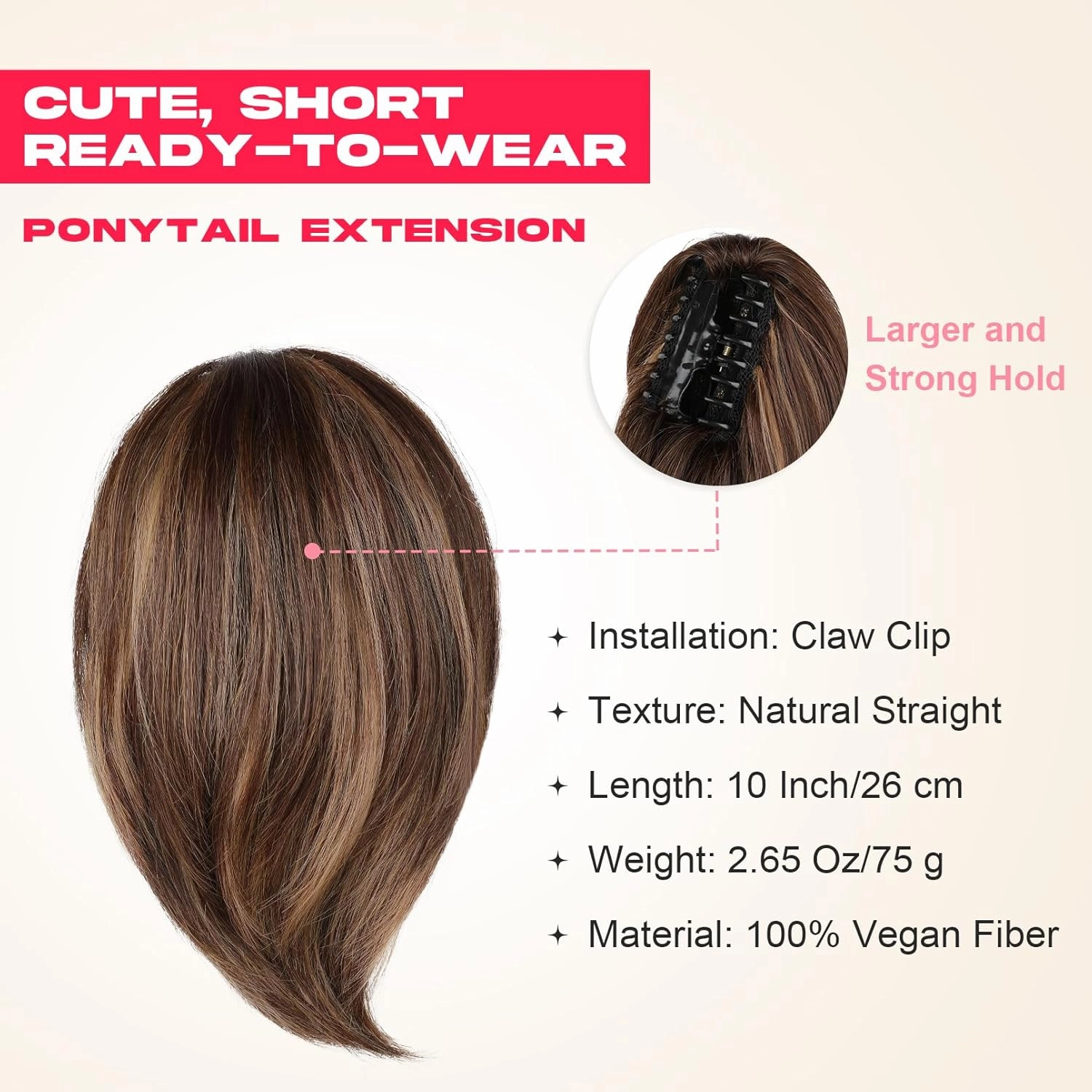 Ponytail Extension, 10" Short Claw Clip in Ponytail Hair Extensions Messy Bun Hair Piece Natural Soft Synthetic Straight Pony Tail Hair Pieces for Women - Chestnut Brown with Highlights