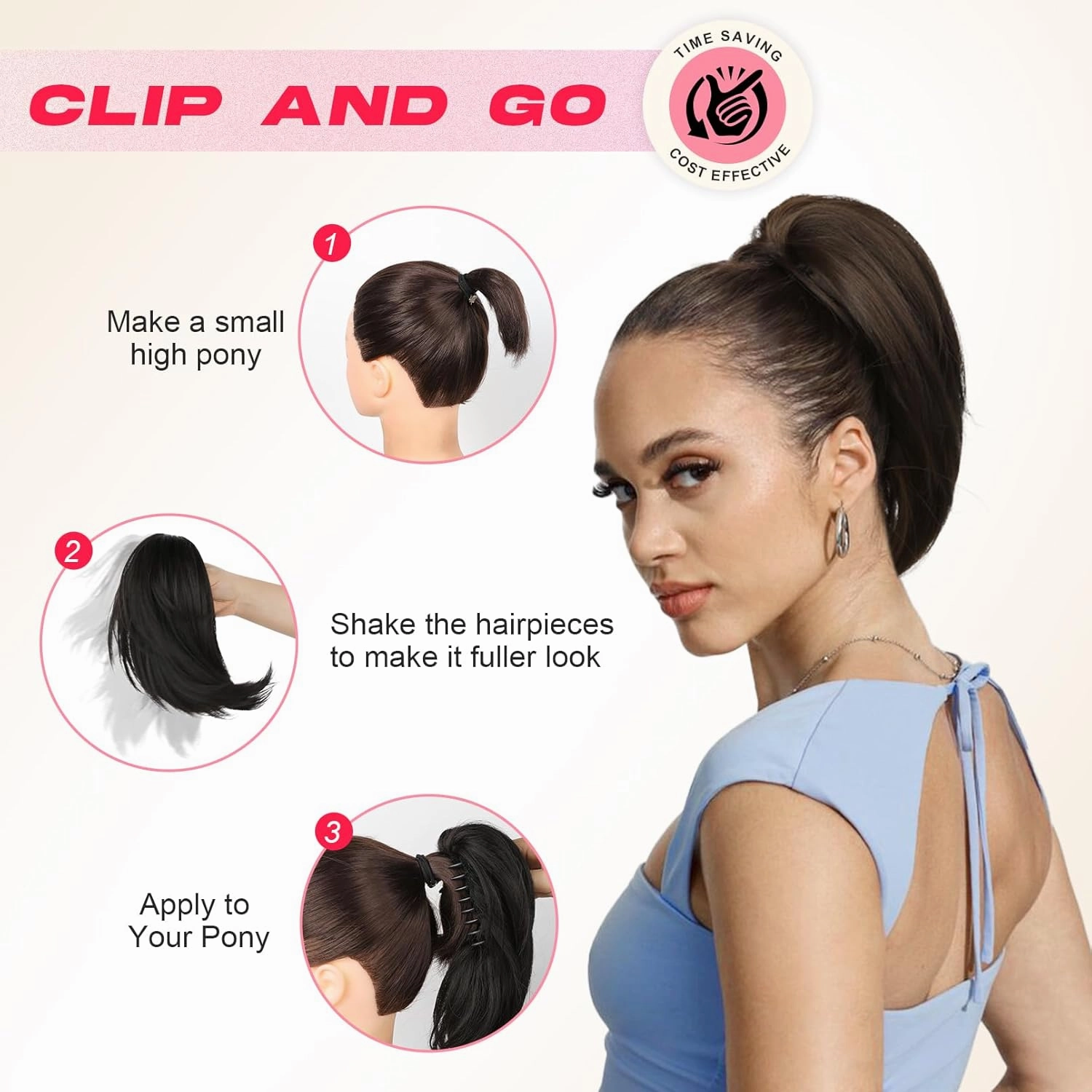 Ponytail Extension, 10" Short Claw Clip in Ponytail Hair Extensions Messy Bun Hair Piece Natural Soft Synthetic Straight Pony Tail Hair Pieces for Women - Chestnut Brown with Highlights