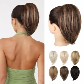 Ponytail Extension, 10" Short Claw Clip in Ponytail Hair Extensions Messy Bun Hair Piece Natural Soft Synthetic Straight Pony Tail Hair Pieces for Women - Chestnut Brown with Highlights