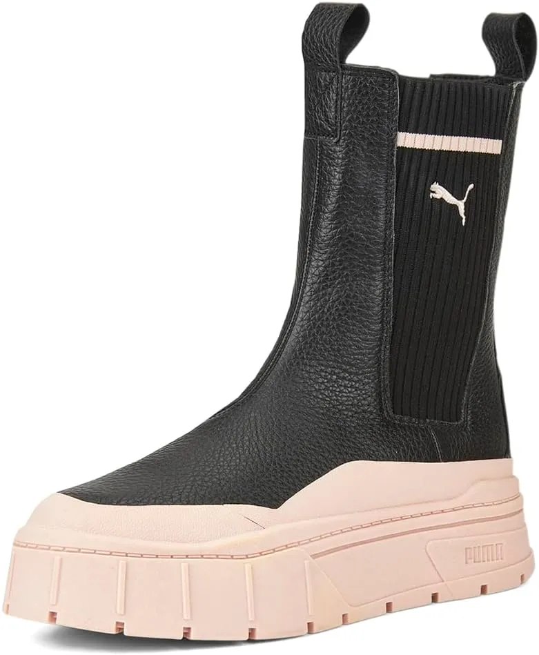Puma Womens Mayze Stack Round Toe Pull On Platform Chelsea Casual Boots Mid Calf Low Heel 1-2" - Black