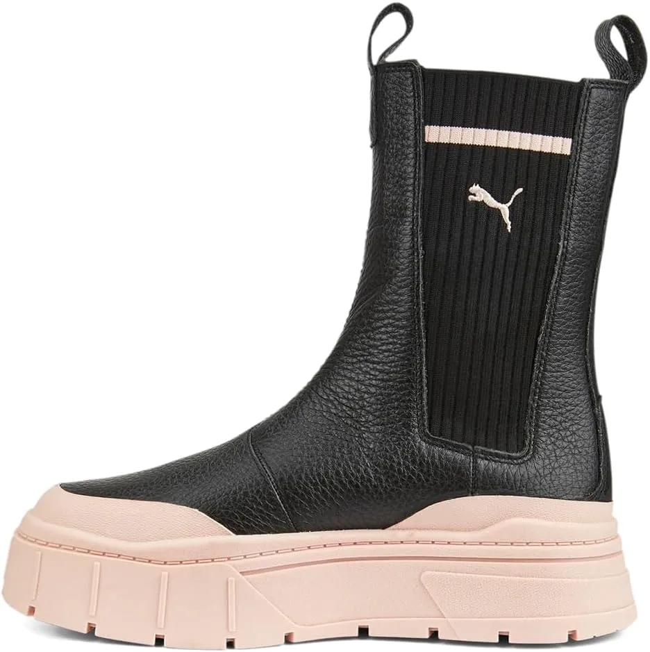 Puma Womens Mayze Stack Round Toe Pull On Platform Chelsea Casual Boots Mid Calf Low Heel 1-2" - Black