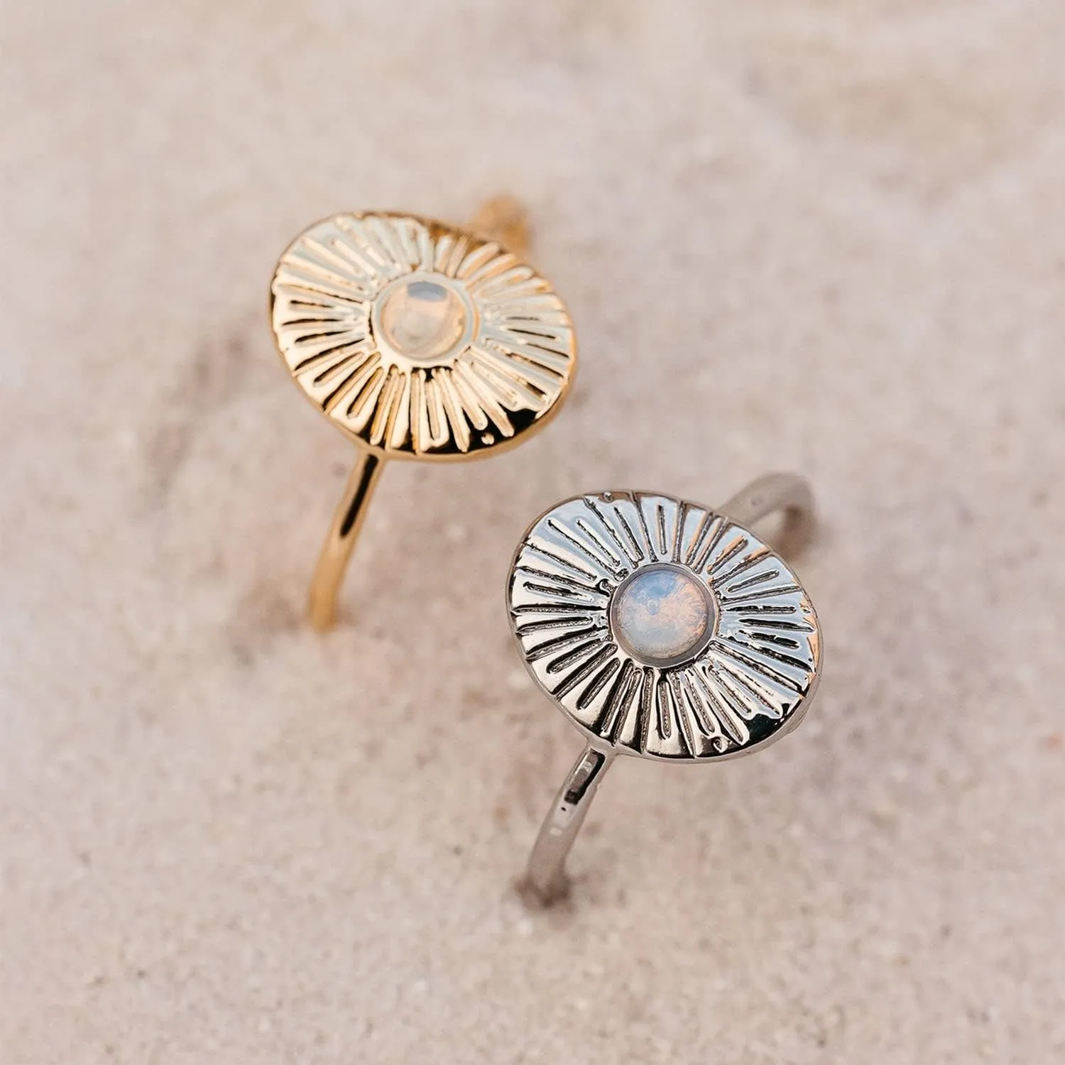 Pura Vida Ring Silver or Gold Plated Sun Ray Ring - Handmade Ring with Glass Opal Stone, Brass Base with Rhodium or Gold Plating - Cute Rings, Boho Jewelry for Women - Size 5-9