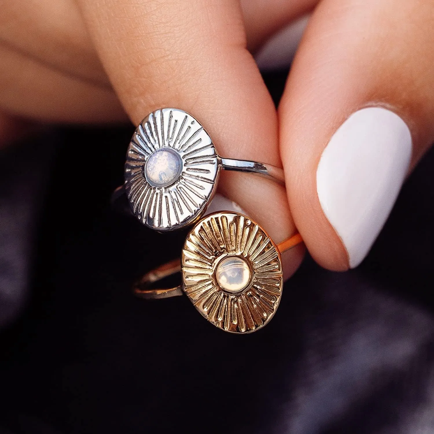 Pura Vida Ring Silver or Gold Plated Sun Ray Ring - Handmade Ring with Glass Opal Stone, Brass Base with Rhodium or Gold Plating - Cute Rings, Boho Jewelry for Women - Size 5-9