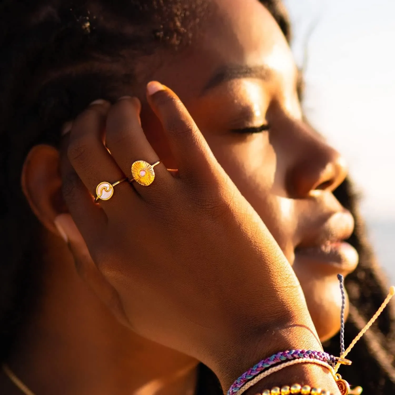Pura Vida Ring Silver or Gold Plated Sun Ray Ring - Handmade Ring with Glass Opal Stone, Brass Base with Rhodium or Gold Plating - Cute Rings, Boho Jewelry for Women - Size 5-9
