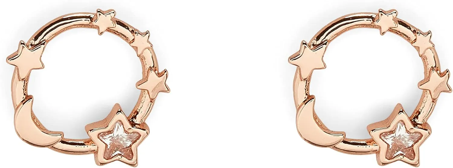 Pura Vida Rose Gold-Plated Celestial Stud Earrings w/Cubic Zirconia Stone - Brass Base, Sterling Silver Posts - 1 Pair