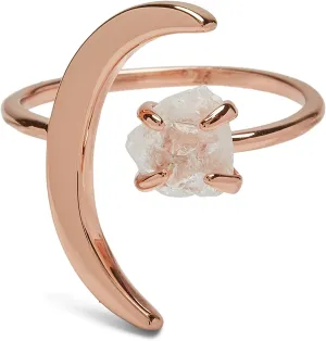 Pura Vida Rose Gold-Plated Crescent Moon Ring w/White Crystal - Adjustable Ends, Brass Base - Size 5-9