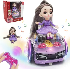 QUN XING Remote Control CAR for Girls 2.4G Lights up Music Spinning Gear Toys with Doll rc Cars for 4,5,6 Year Old Girls Kids, Xmas Birthday Gifts Purple