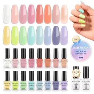 Regular Nail Polish Set 16 Colors Macaroon Quick Air Dry Nail Polish with Base Top Coat Polish Remover Pads Pink Green Spring Summer Fingernail Toenail Nail Lacquer Gift for Women Girl