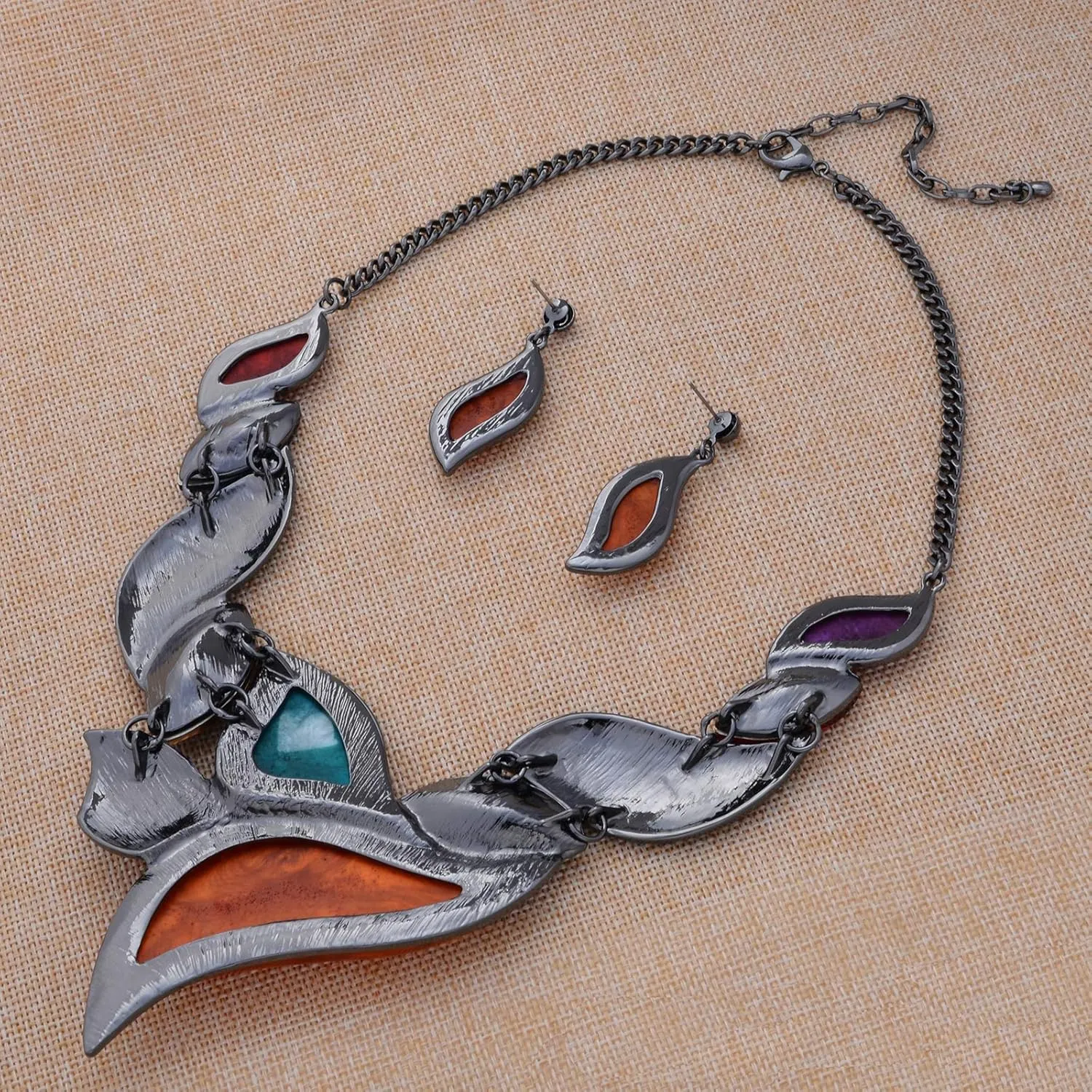 Retro Women's Crystal Floral Petal Leaf Chunky Statement Necklace and Earrings Set Party Jewelry