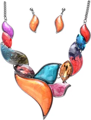Retro Women's Crystal Floral Petal Leaf Chunky Statement Necklace and Earrings Set Party Jewelry