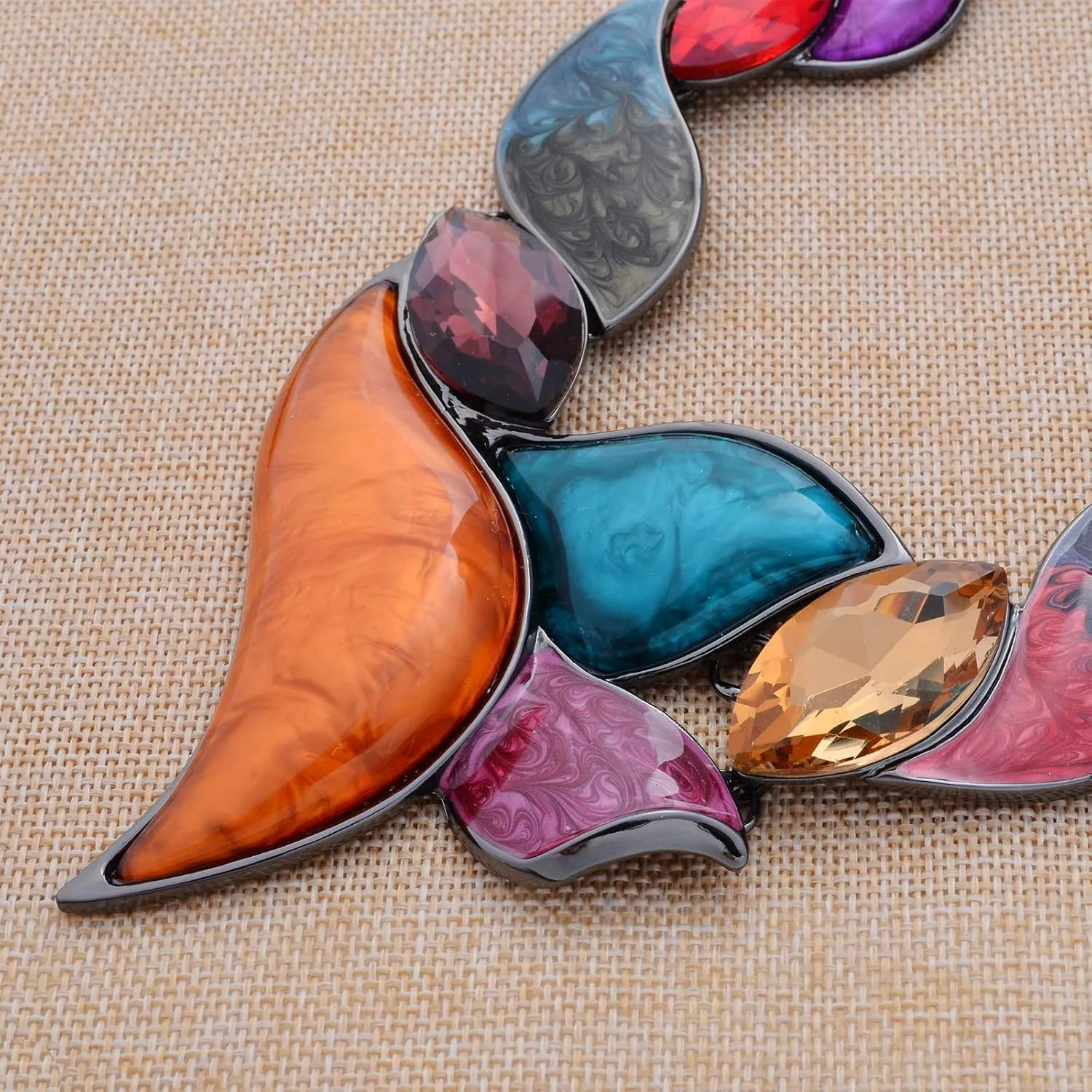Retro Women's Crystal Floral Petal Leaf Chunky Statement Necklace and Earrings Set Party Jewelry