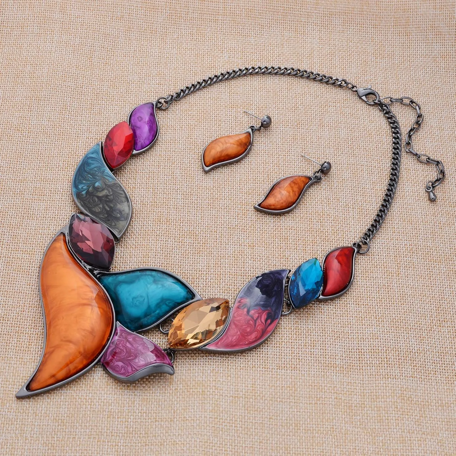 Retro Women's Crystal Floral Petal Leaf Chunky Statement Necklace and Earrings Set Party Jewelry