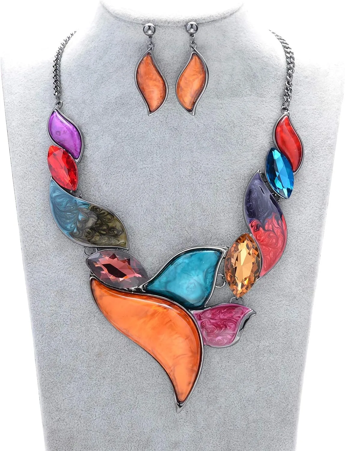Retro Women's Crystal Floral Petal Leaf Chunky Statement Necklace and Earrings Set Party Jewelry