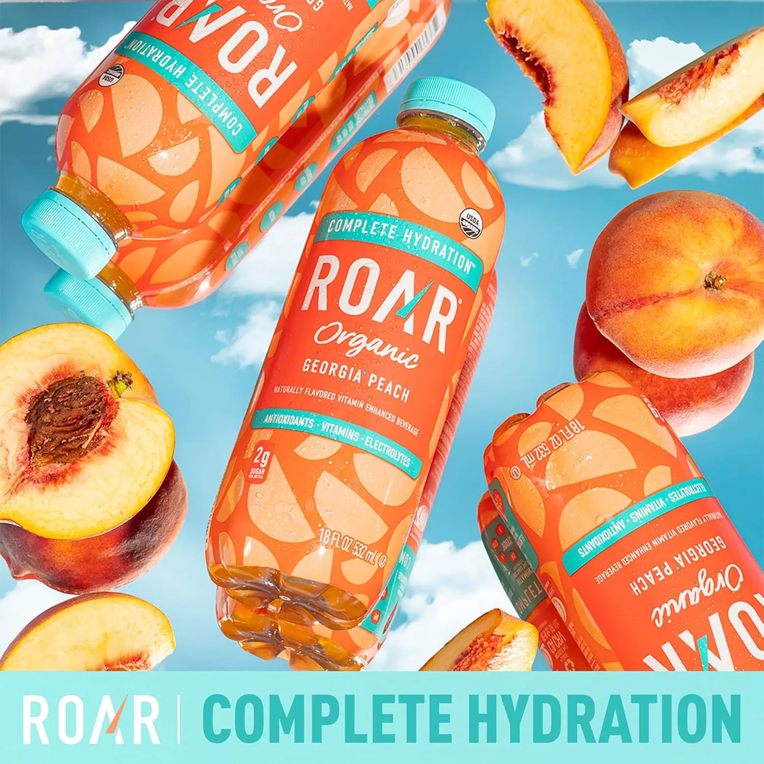 ROAR Complete Hydration Organic - Electrolyte Drinks Loaded with Vitamins C, B5, B12 - Non-GMO, Gluten-Free - Georgia Peach - 12 pc