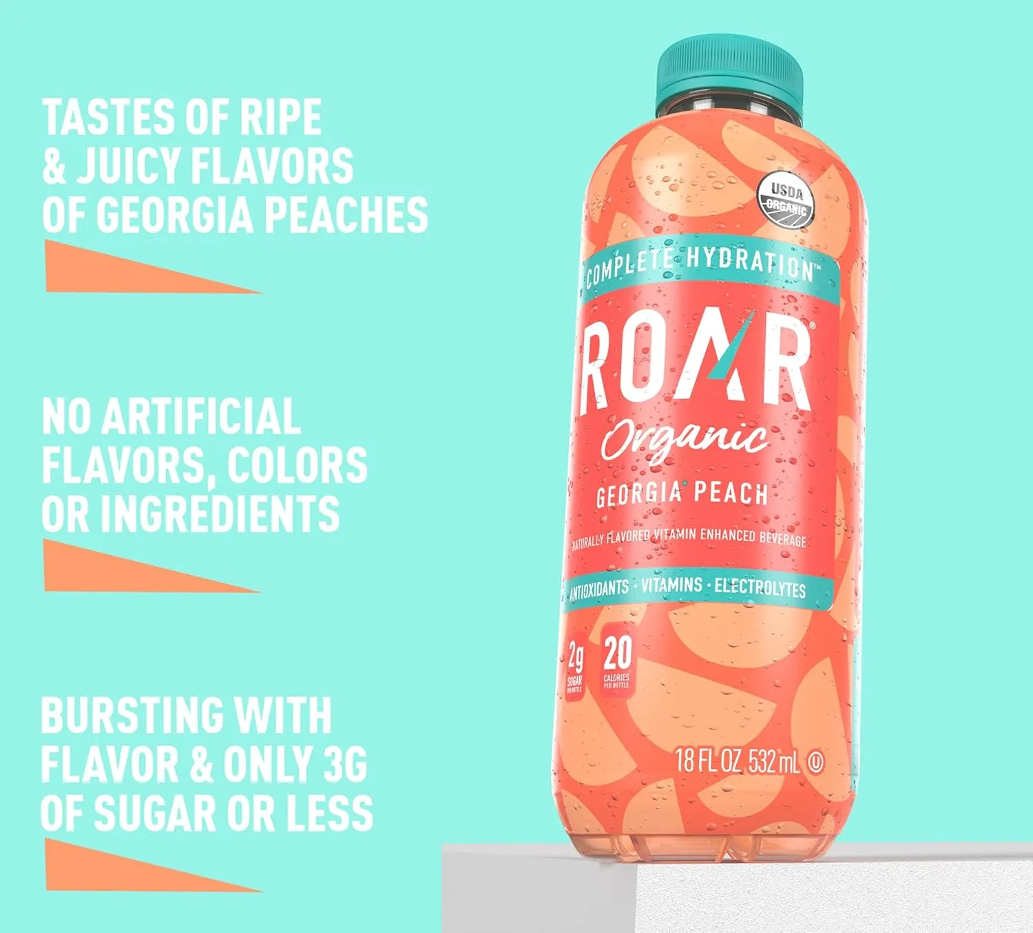 ROAR Complete Hydration Organic - Electrolyte Drinks Loaded with Vitamins C, B5, B12 - Non-GMO, Gluten-Free - Georgia Peach - 12 pc