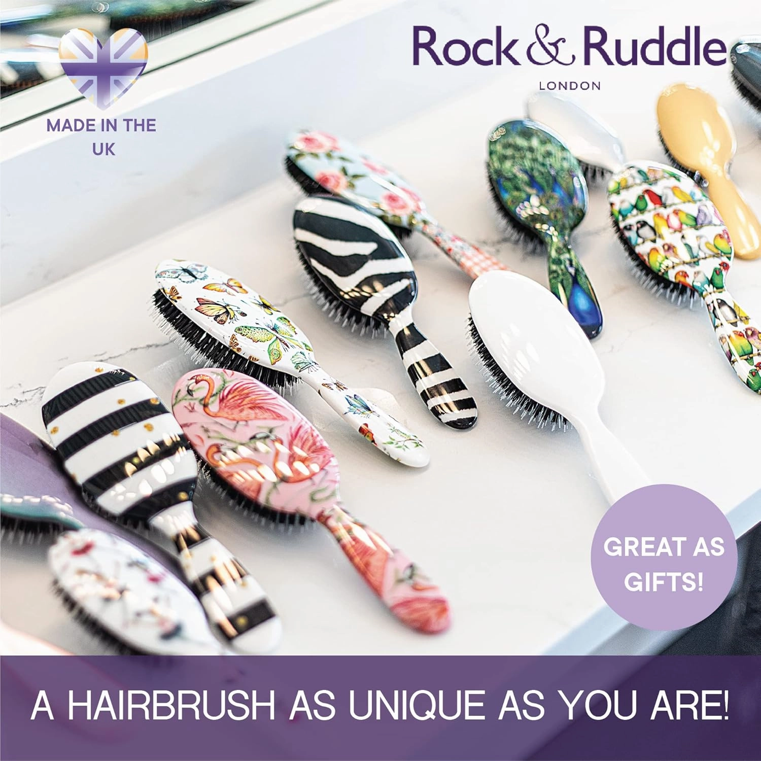 Rock & Ruddle Natural Mixed Boar Bristle Hair Brush for Women and Kids (Small 6.9") - Perfect for Wet or Dry Hair, Detangling Smoothing Blowdrying - Designed & Made in UK - Pink Gingham