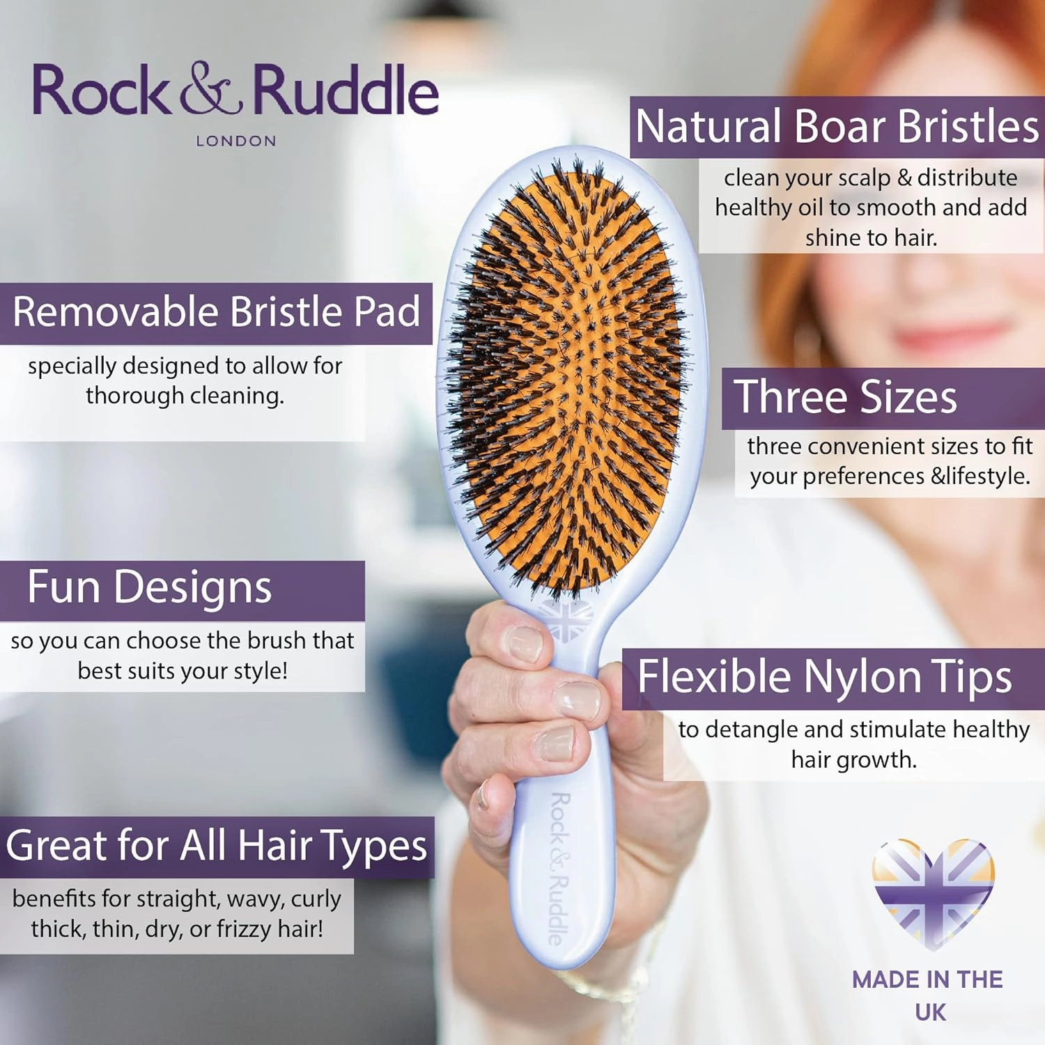 Rock & Ruddle Natural Mixed Boar Bristle Hair Brush for Women and Kids (Small 6.9") - Perfect for Wet or Dry Hair, Detangling Smoothing Blowdrying - Designed & Made in UK - Pink Gingham