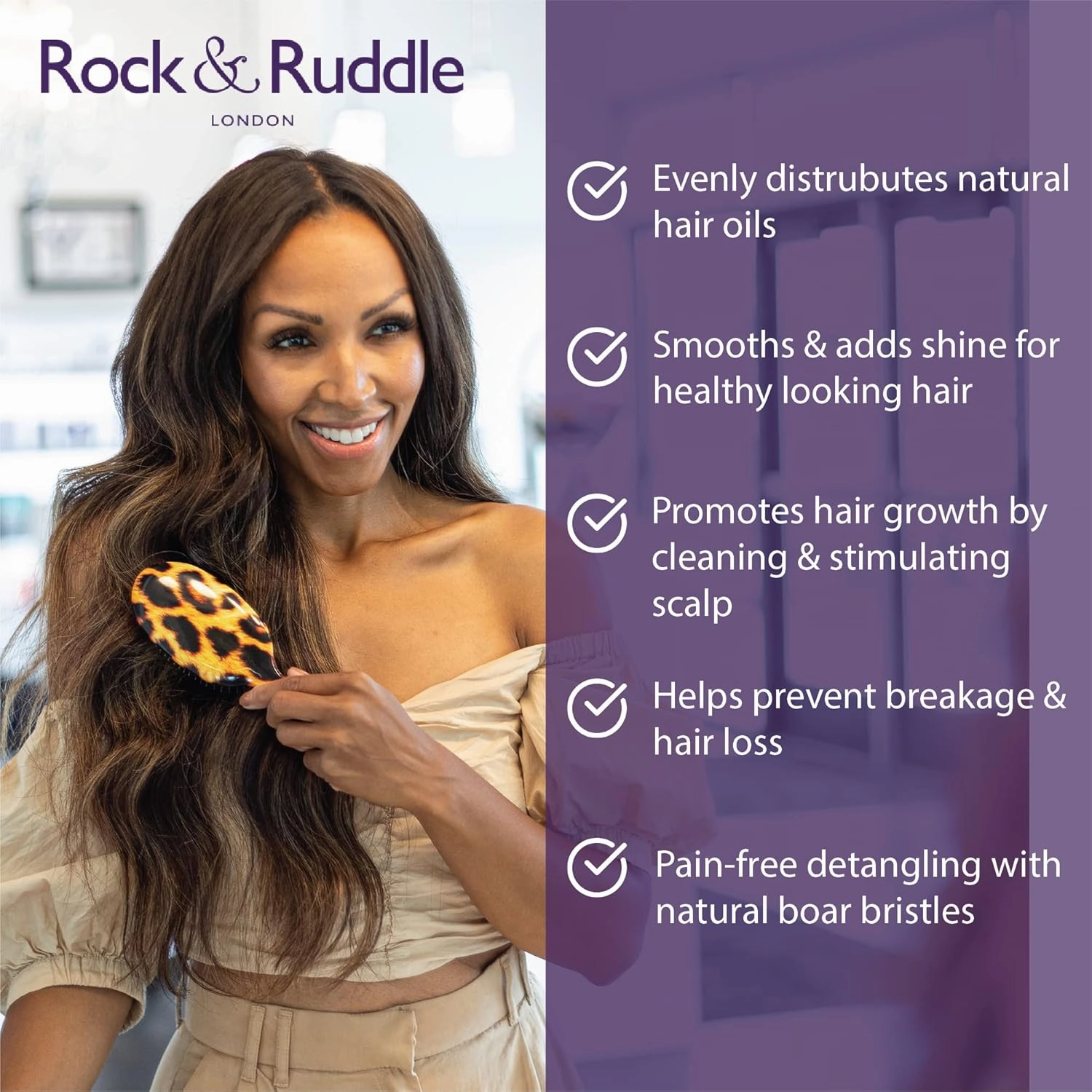 Rock & Ruddle Natural Mixed Boar Bristle Hair Brush for Women and Kids (Small 6.9") - Perfect for Wet or Dry Hair, Detangling Smoothing Blowdrying - Designed & Made in UK - Pink Gingham