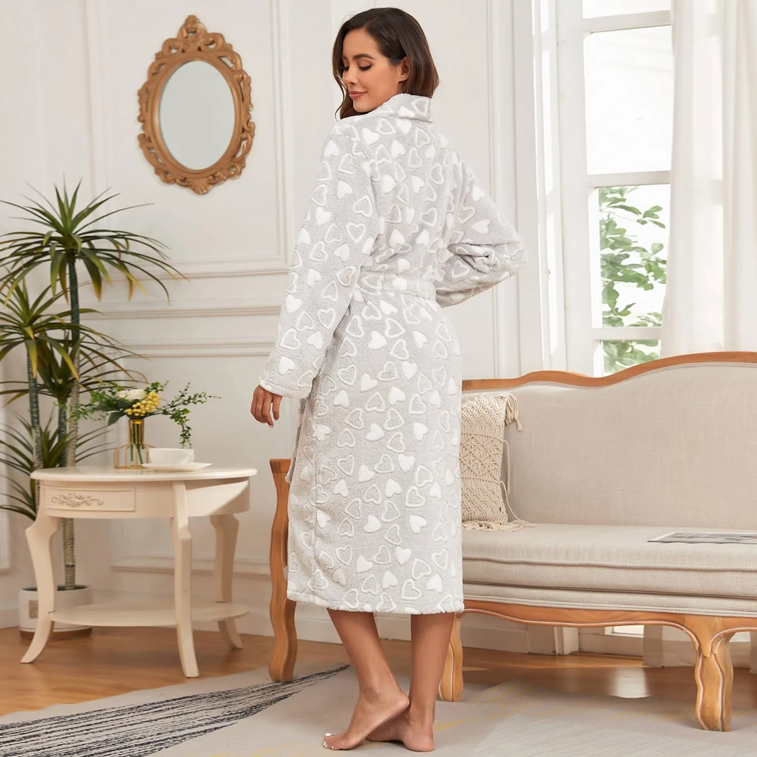 RONGTAI Women's Long Fleece Robe with Shawl Collar,Side Pockets,Plush Warmth,Print Design(S-XXL)