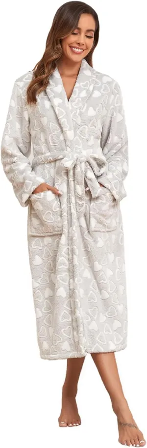 RONGTAI Women's Long Fleece Robe with Shawl Collar,Side Pockets,Plush Warmth,Print Design(S-XXL)