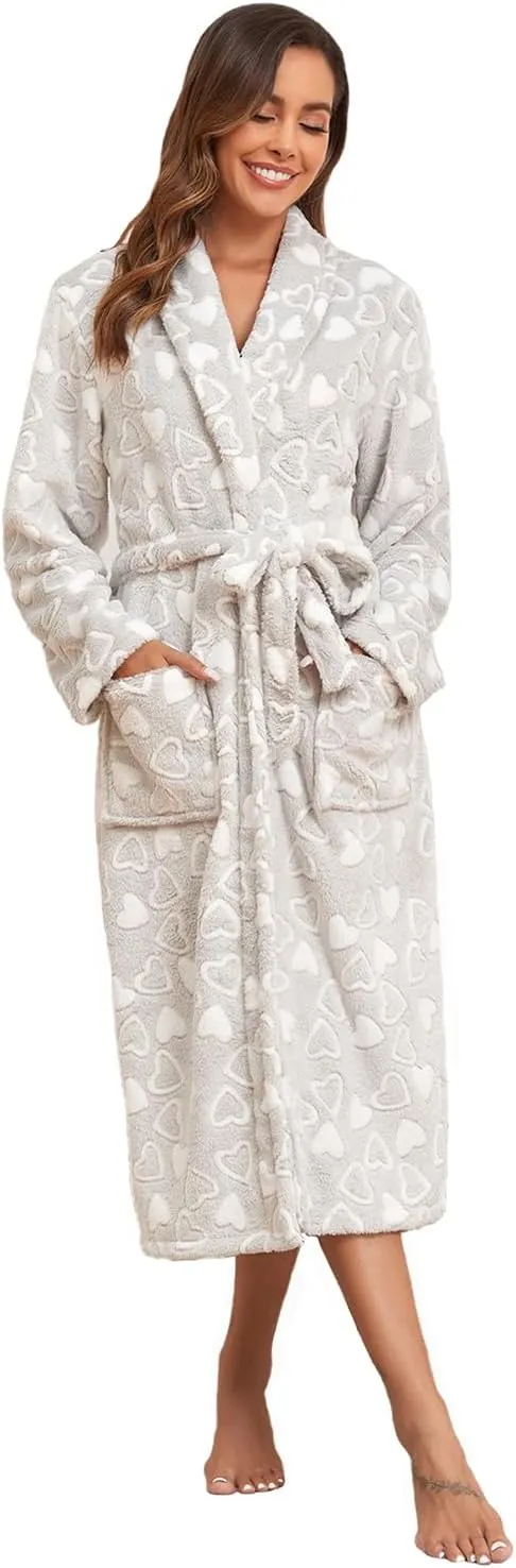 RONGTAI Women's Long Fleece Robe with Shawl Collar,Side Pockets,Plush Warmth,Print Design(S-XXL)
