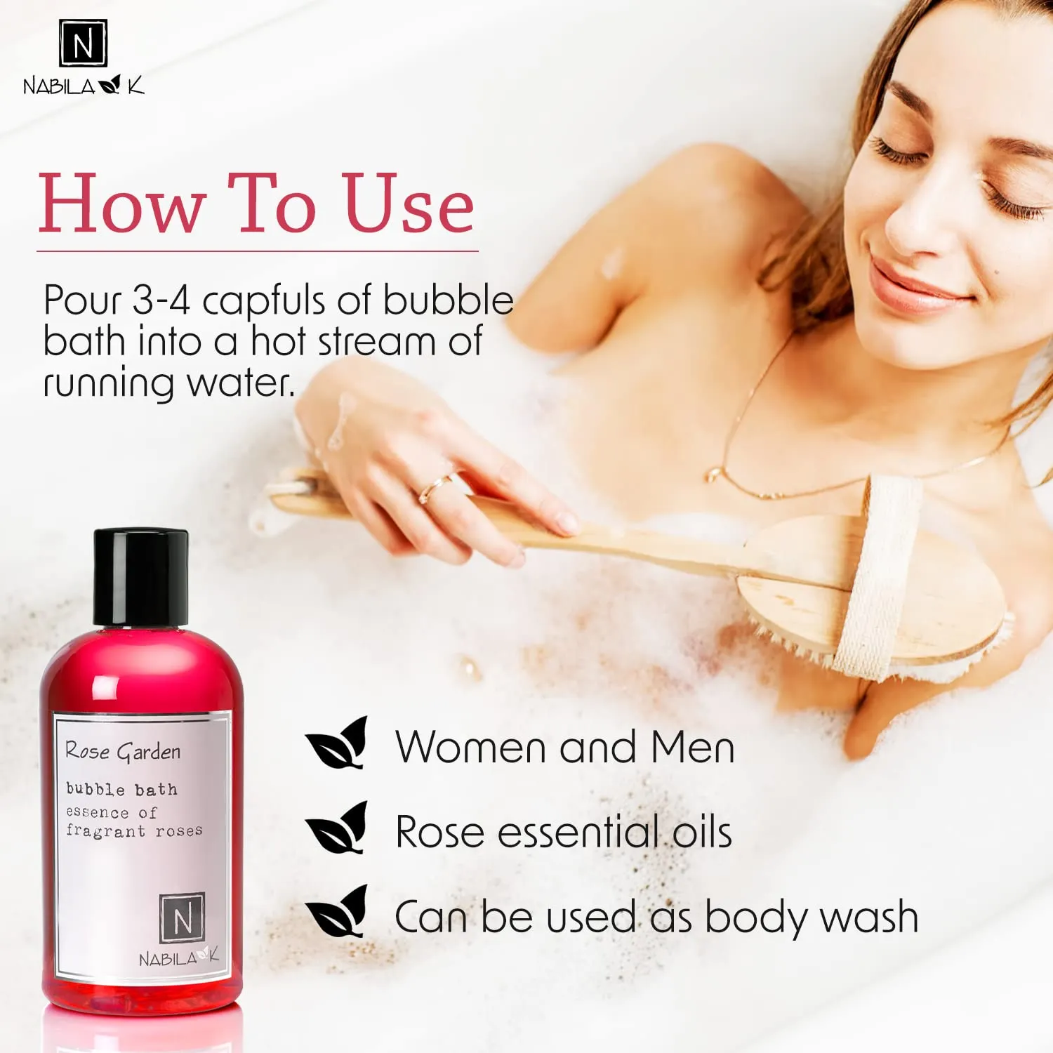 Rose Garden Bubble Bath by Nabila K - Essential Oils with Natural Ingredients for Sensitive Skin, Tear-Free, Gentle, Moisturizing - Luxury for Women & Men, 8 oz