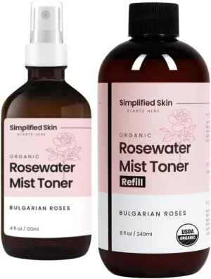 Rose Water for Face & Hair, USDA Certified Organic Facial Toner. Alcohol-Free Makeup Setting Hydrating Spray Mist. 100% 4 Oz with Refill 8 Oz