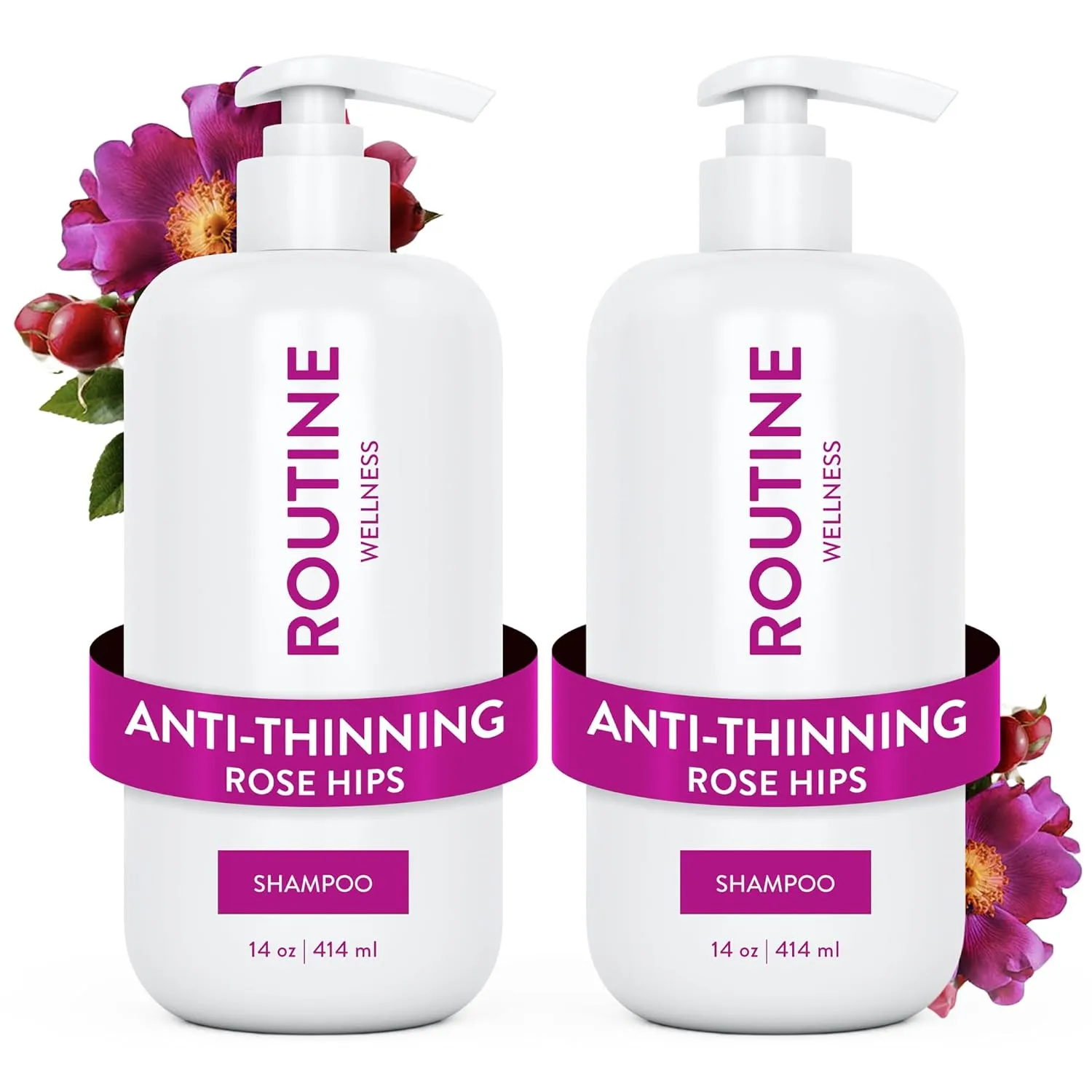 Routine Wellness Anti-Thinning Shampoo for Thinning Hair - Biotin DHT Blocker Women & Men - Color Safe Shampoo for Hair Loss & Healthy Hair - Rose Hips 14oz (Pack of 2)
